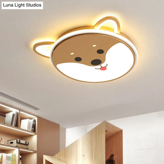 Kids Led Flush Mount Cartoon Doggy Ceiling Light With Yellow Acrylic Shade In Warm/White / White