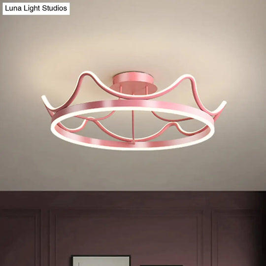 Kids Led Flush Mount Ceiling Lamp With Pink/Gold Metal Crown - Close To Lighting