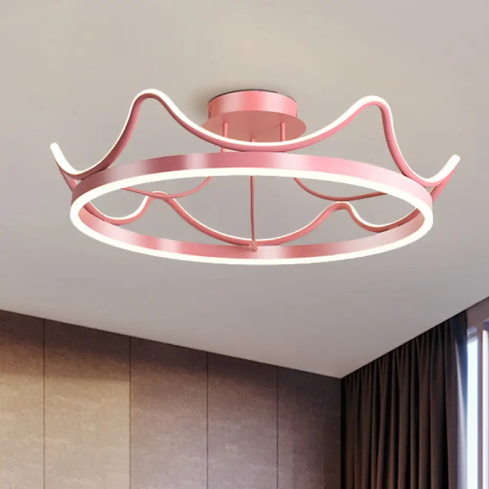 Kids Led Flush Mount Ceiling Lamp With Pink/Gold Metal Crown - Close To Lighting Pink