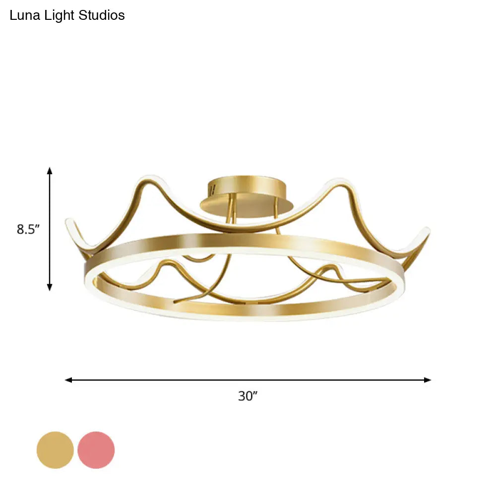 Kids Led Flush Mount Ceiling Lamp With Pink/Gold Metal Crown - Close To Lighting