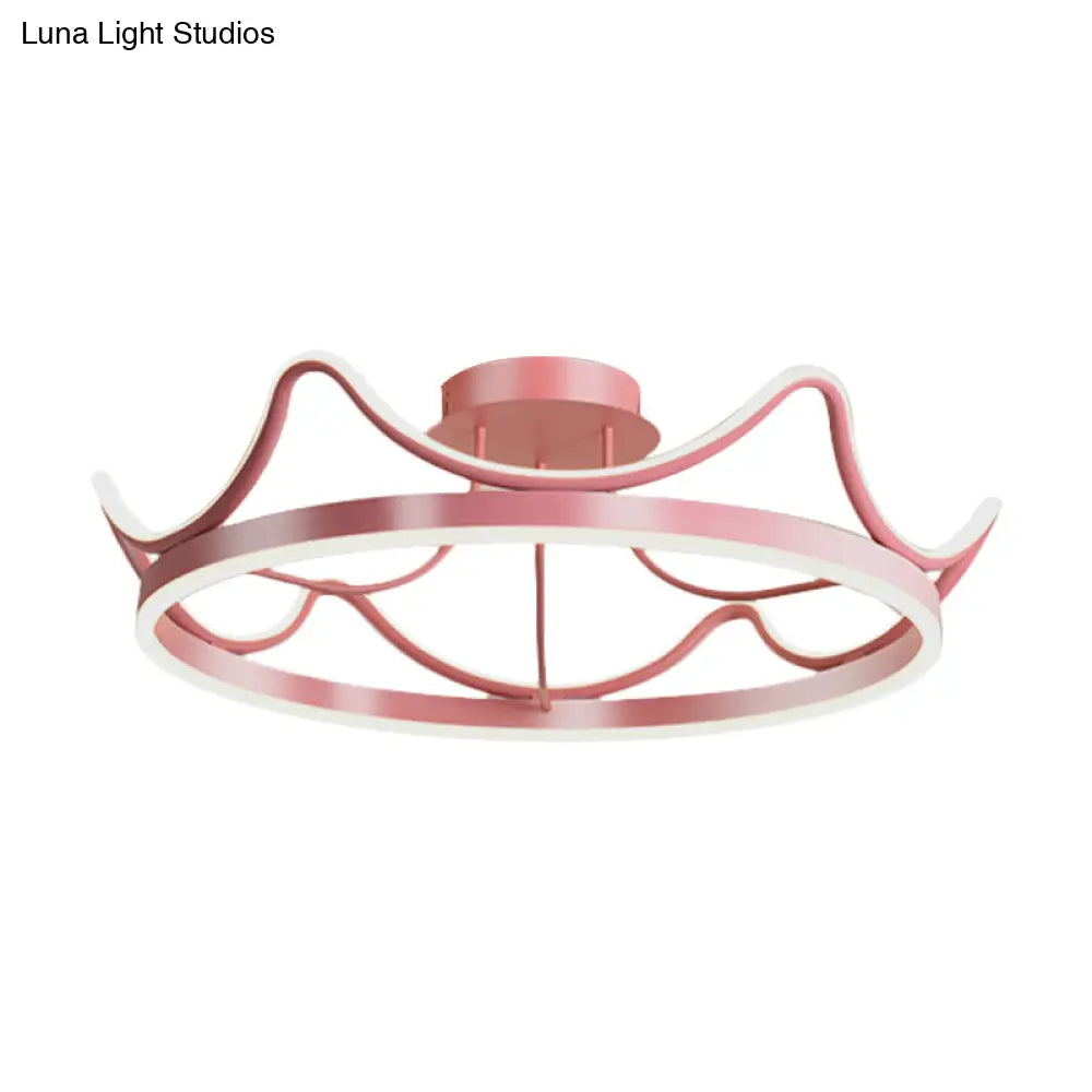 Kids Led Flush Mount Ceiling Lamp With Pink/Gold Metal Crown - Close To Lighting