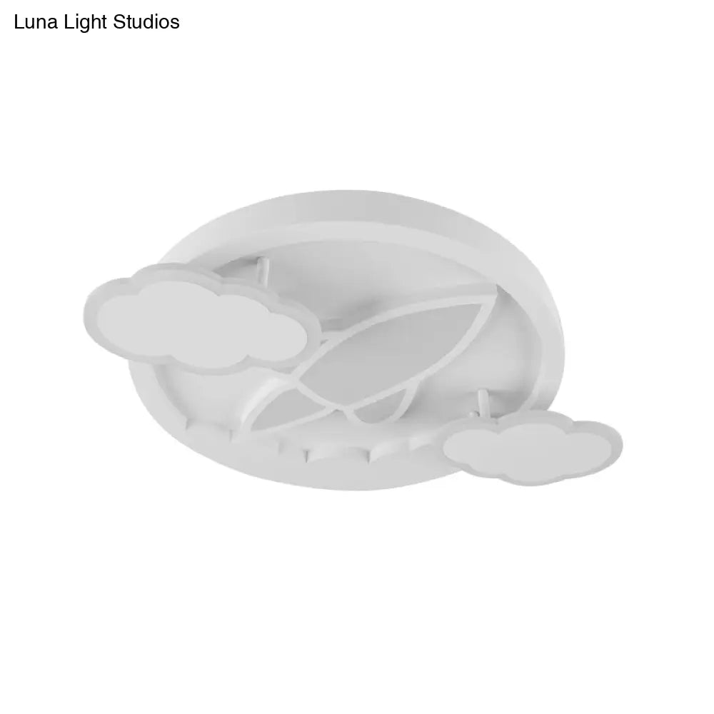 Kid’s Led Flush Mount Ceiling Light - Creative White Plane Behind Cloud Design With Acrylic Shade