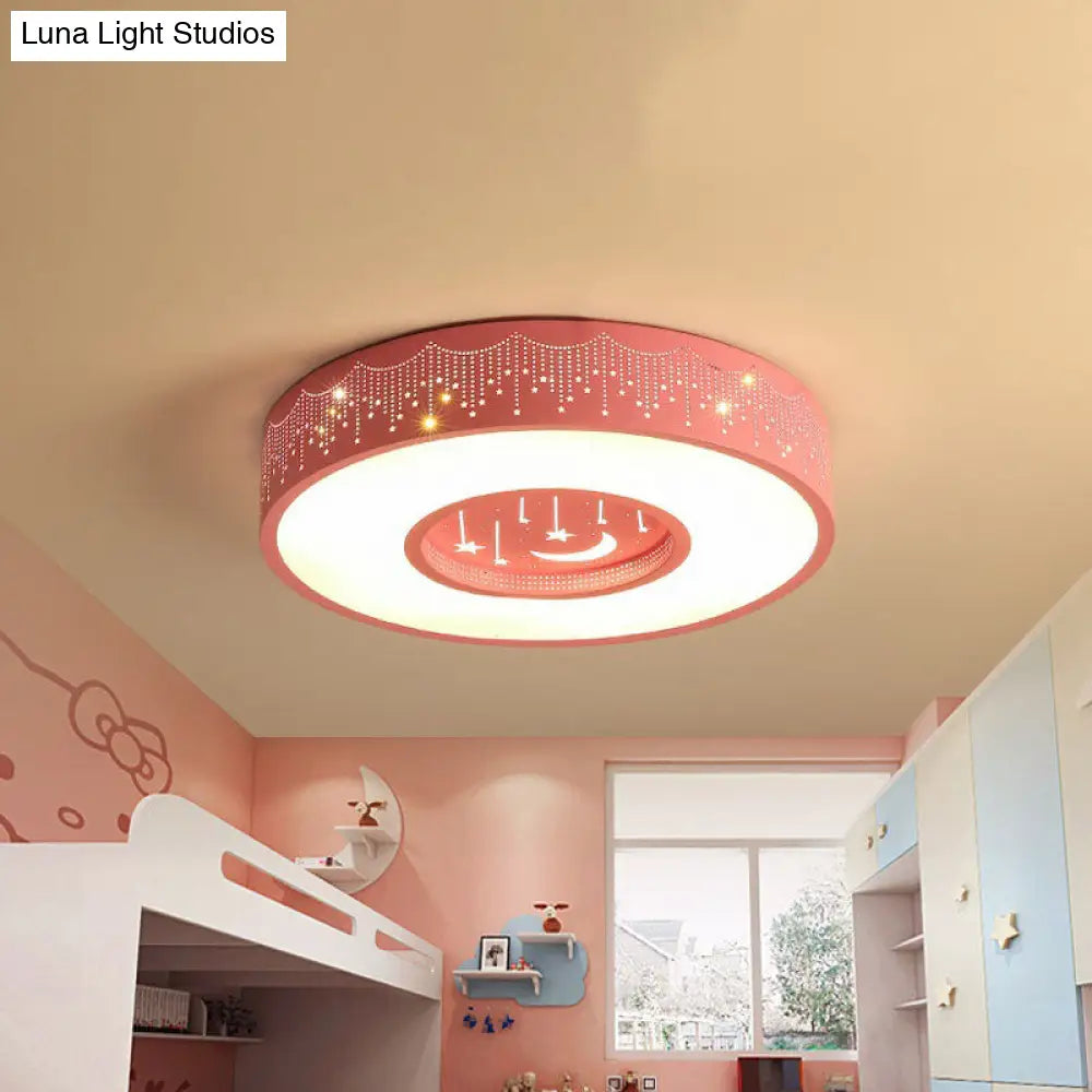 Kids Led Flush Mount Ceiling Light With Moon And Star Pattern In Pink/Blue 16/19.5 Width