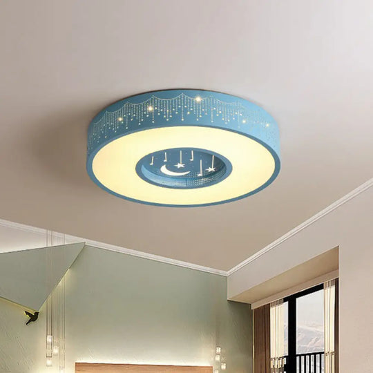 Kids Led Flush Mount Ceiling Light With Moon And Star Pattern In Pink/Blue 16’/19.5’ Width Blue