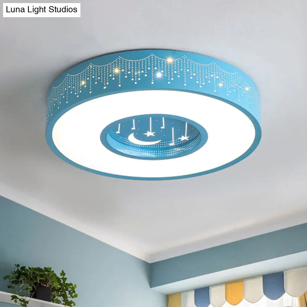 Kids Led Flush Mount Ceiling Light With Moon And Star Pattern In Pink/Blue 16’/19.5’ Width