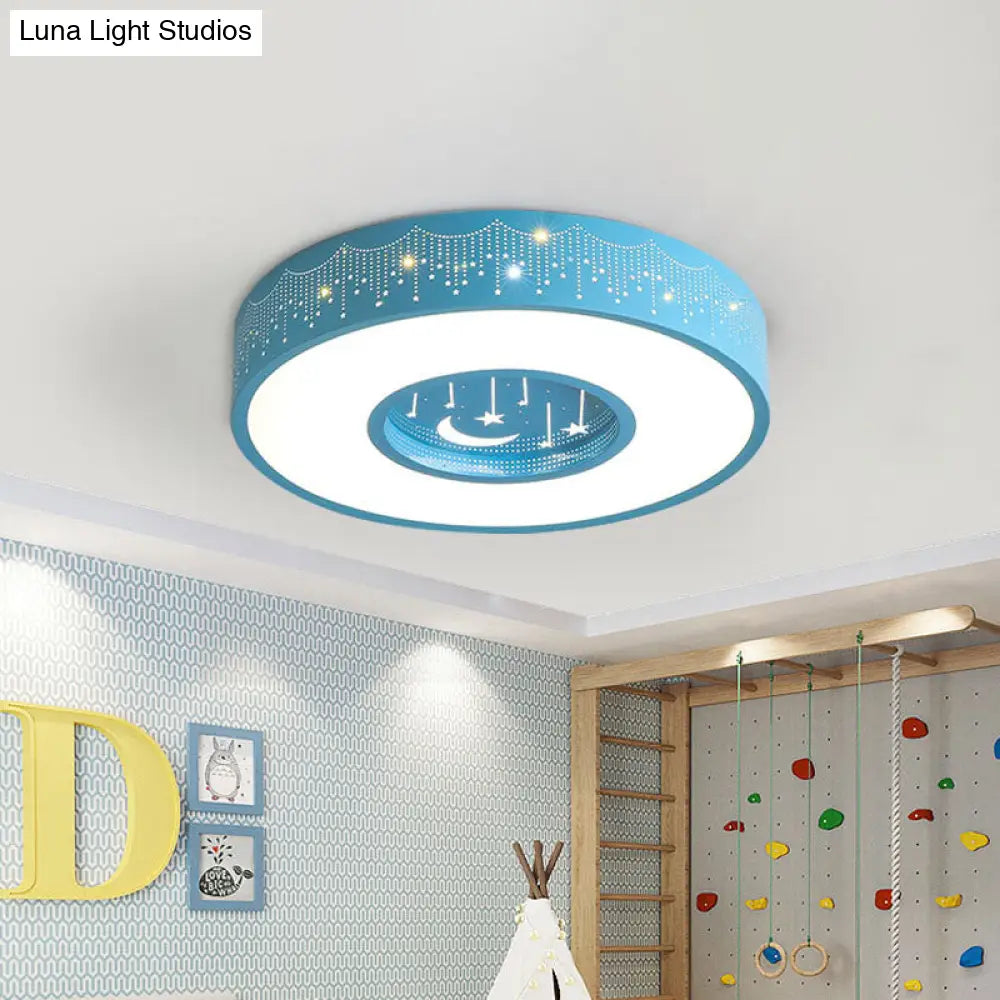Kids Led Flush Mount Ceiling Light With Moon And Star Pattern In Pink/Blue 16’/19.5’ Width