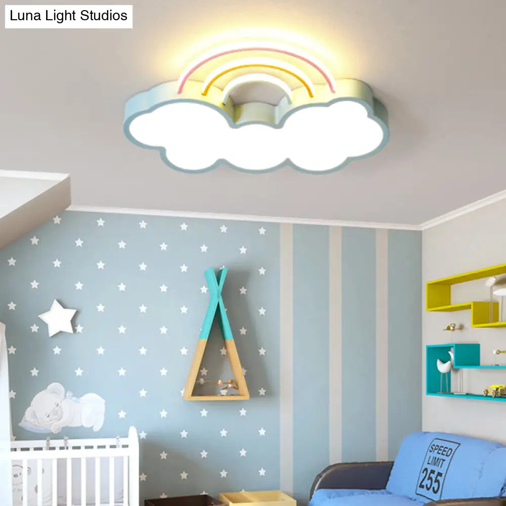 Kids Led Flush Mount Lamp: Blue Cloud And Rainbow Lighting (Warm/White) 13’/19’ W