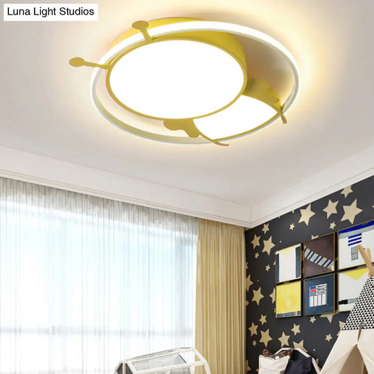 Kids Led Flush Mount Lamp With Metal Ring - Pink/Yellow Pendant Light Featuring Acrylic Bee Shade In