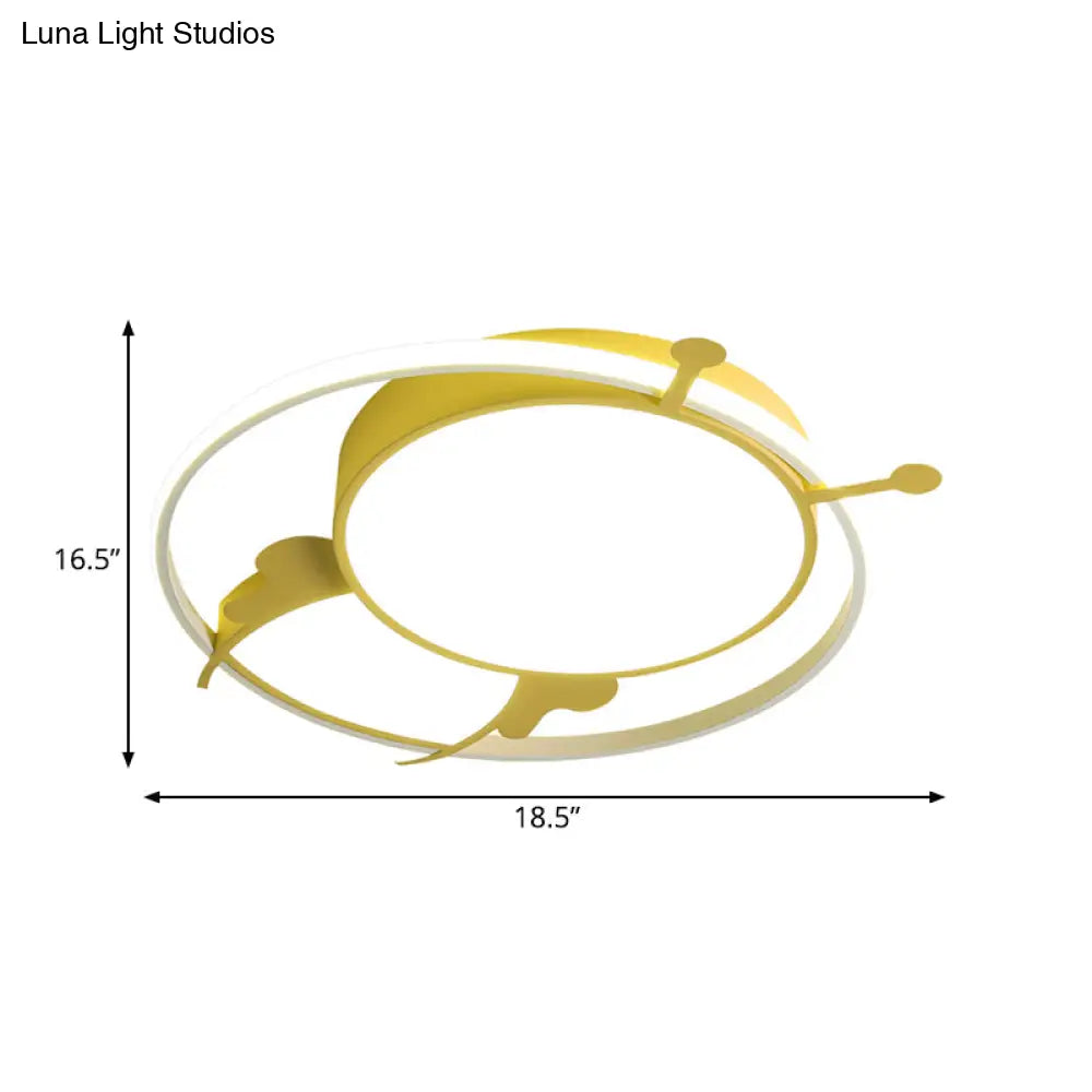 Kids Led Flush Mount Lamp With Metal Ring - Pink/Yellow Pendant Light Featuring Acrylic Bee Shade