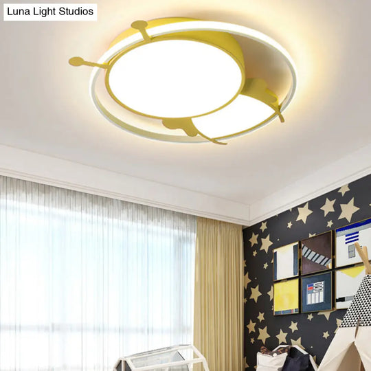 Kids Led Flush Mount Lamp With Metal Ring - Pink/Yellow Pendant Light Featuring Acrylic Bee Shade