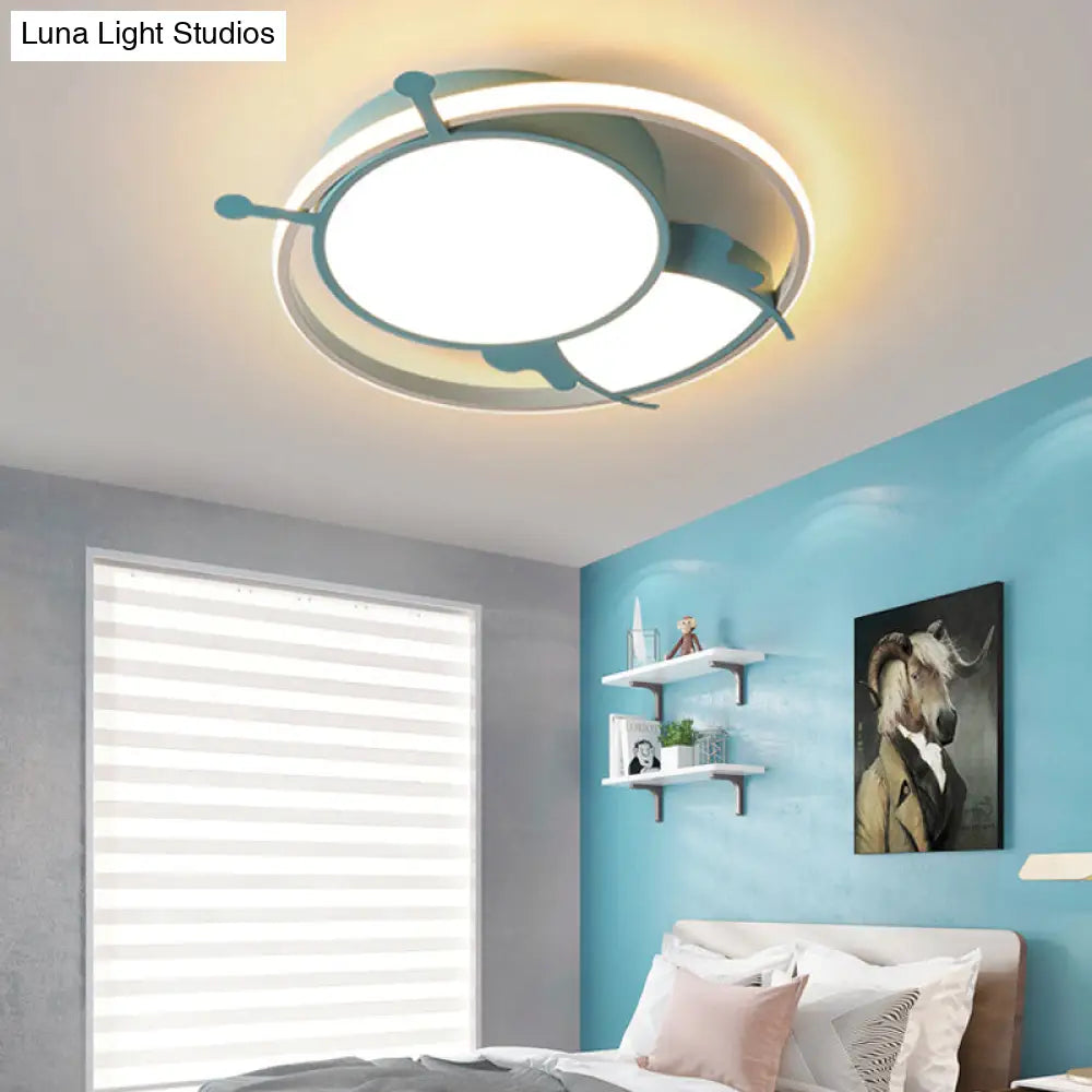 Kids Led Flush Mount Lamp With Metal Ring - Pink/Yellow Pendant Light Featuring Acrylic Bee Shade