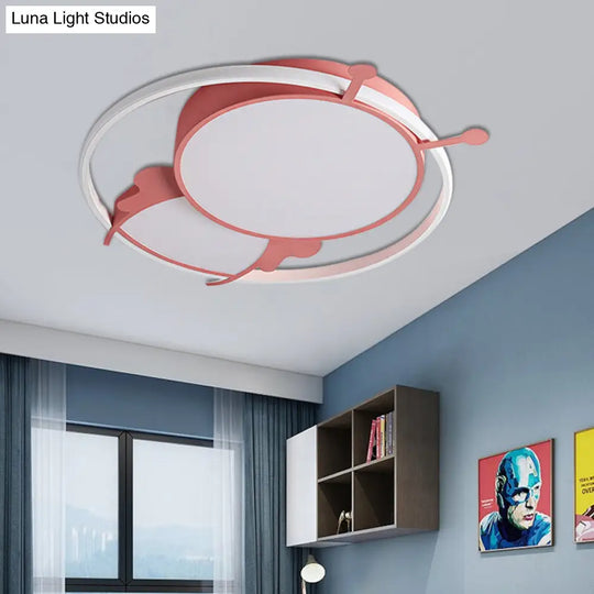 Kids Led Flush Mount Lamp With Metal Ring - Pink/Yellow Pendant Light Featuring Acrylic Bee Shade In