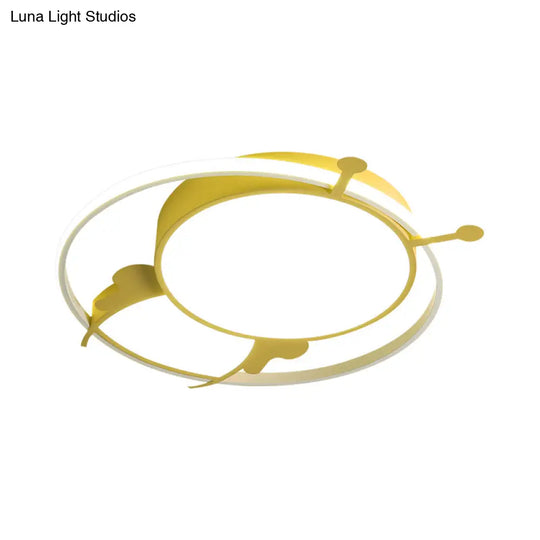 Kids Led Flush Mount Lamp With Metal Ring - Pink/Yellow Pendant Light Featuring Acrylic Bee Shade