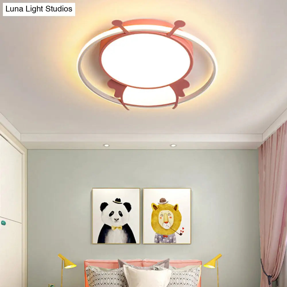 Kids Led Flush Mount Lamp With Metal Ring - Pink/Yellow Pendant Light Featuring Acrylic Bee Shade In