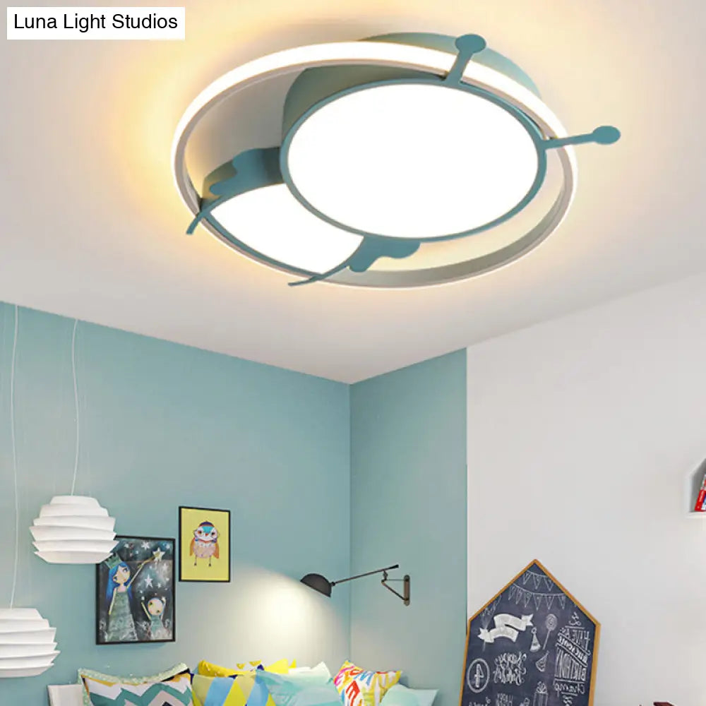 Kids Led Flush Mount Lamp With Metal Ring - Pink/Yellow Pendant Light Featuring Acrylic Bee Shade In