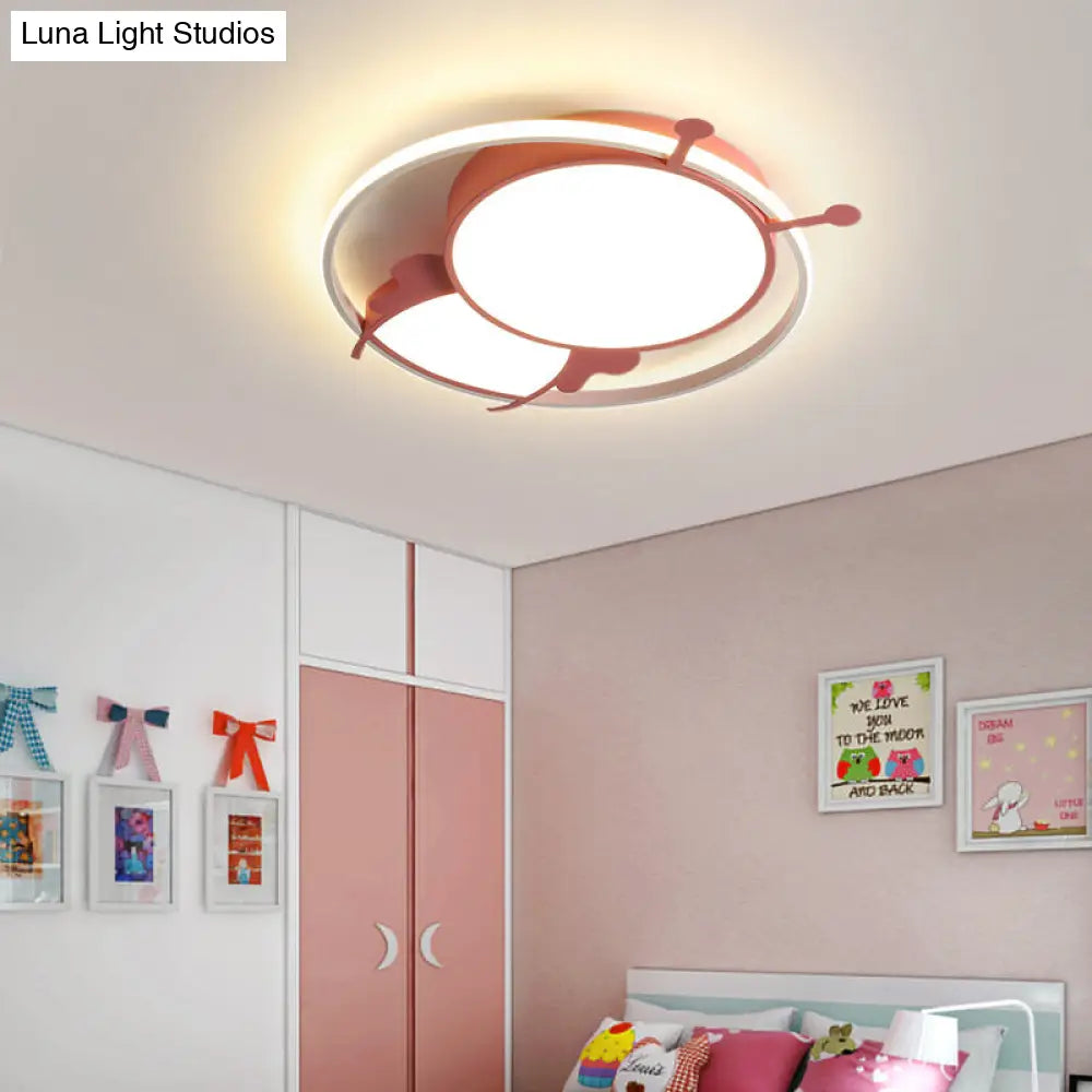 Kids Led Flush Mount Lamp With Metal Ring - Pink/Yellow Pendant Light Featuring Acrylic Bee Shade In