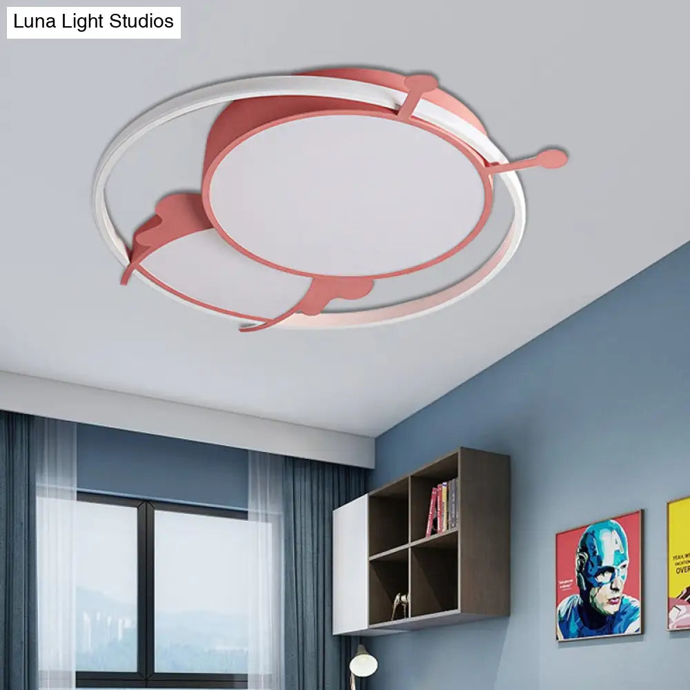 Kids Led Flush Mount Lamp With Metal Ring - Pink/Yellow Pendant Light Featuring Acrylic Bee Shade