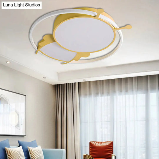 Kids Led Flush Mount Lamp With Metal Ring - Pink/Yellow Pendant Light Featuring Acrylic Bee Shade