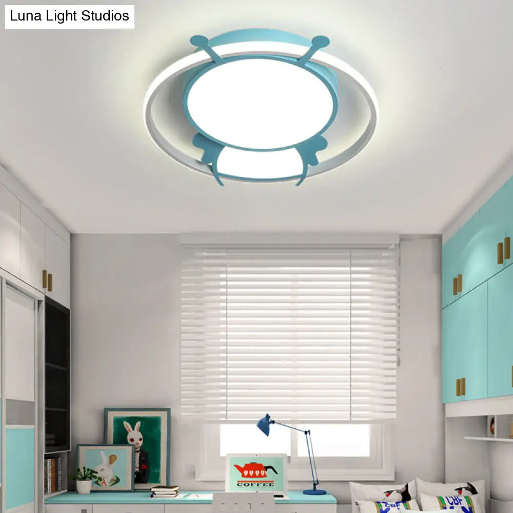 Kids Led Flush Mount Lamp With Metal Ring - Pink/Yellow Pendant Light Featuring Acrylic Bee Shade In