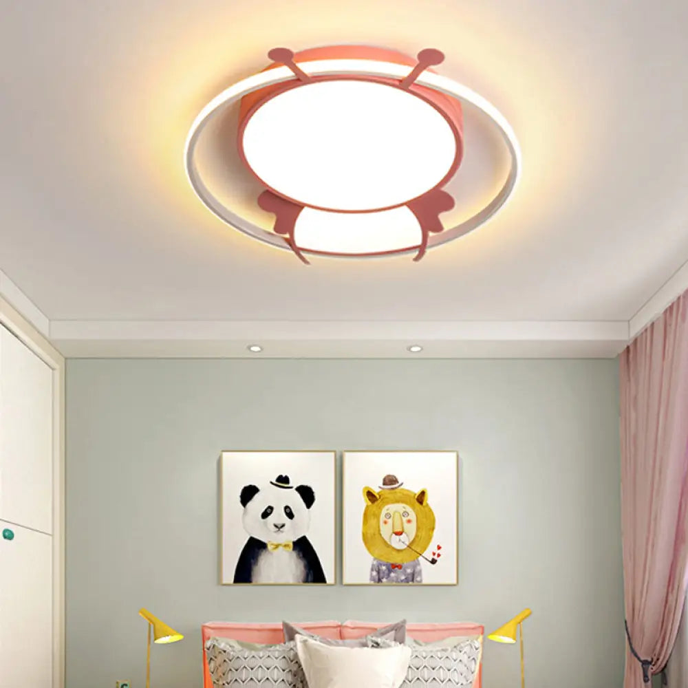 Kids Led Flush Mount Lamp With Metal Ring - Pink/Yellow Pendant Light Featuring Acrylic Bee Shade