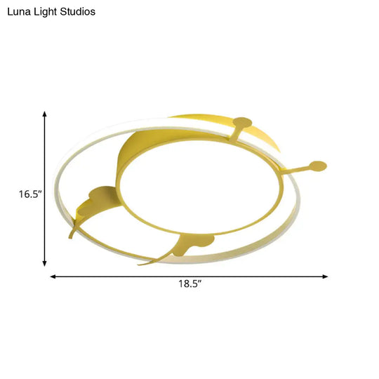 Kids Led Flush Mount Lamp With Metal Ring - Pink/Yellow Pendant Light Featuring Acrylic Bee Shade In