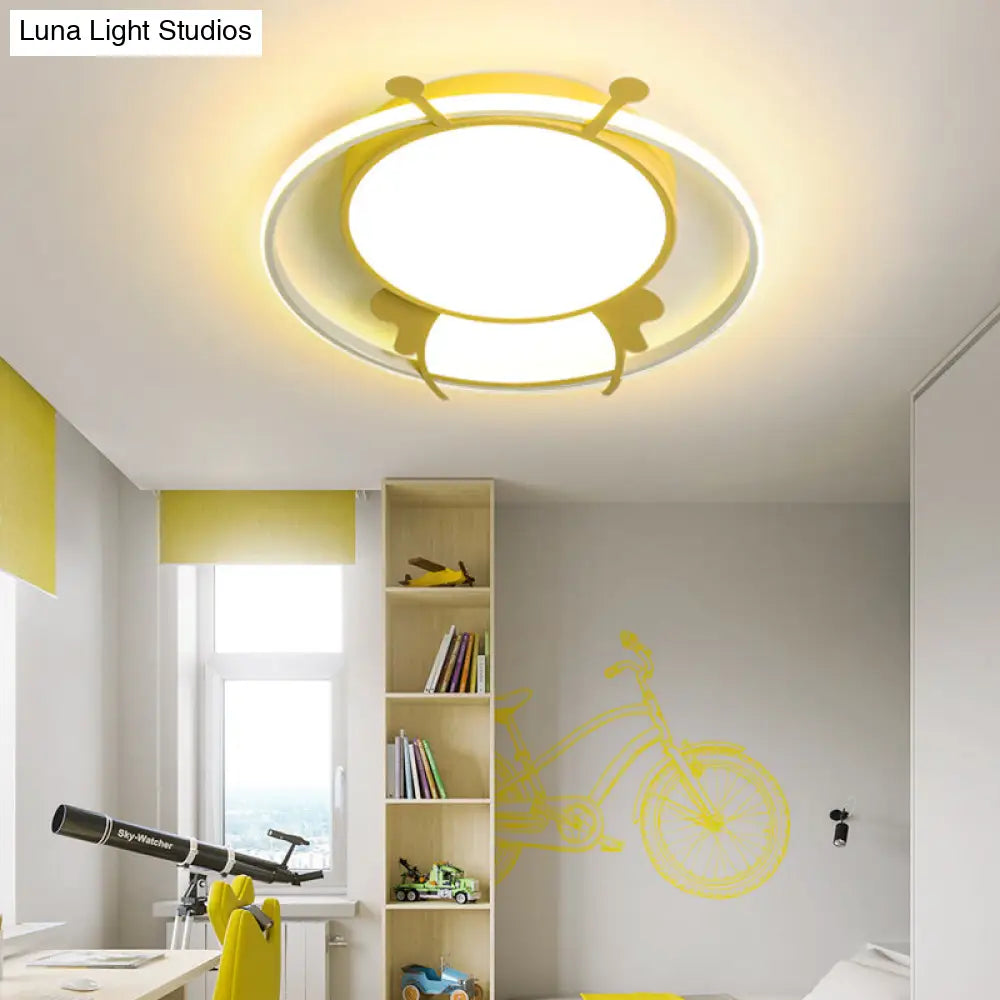 Kids Led Flush Mount Lamp With Metal Ring - Pink/Yellow Pendant Light Featuring Acrylic Bee Shade In