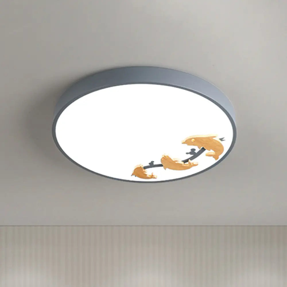 Kids Led Flush Mount Light: Dolphin Pattern Acrylic Grey Ceiling Fixture