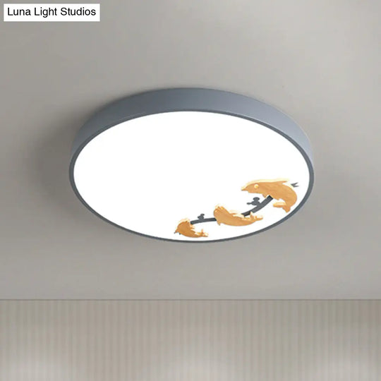 Kids Led Flush Mount Light: Dolphin Pattern Acrylic Grey Ceiling Fixture