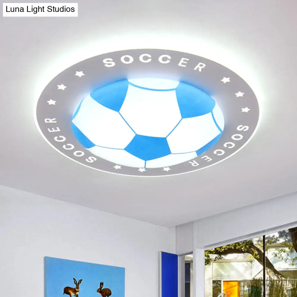 Kids Led Flush Mount Spotlight: 16.5/20.5 Black/Blue Football Ceiling Lamp With Acrylic Shade