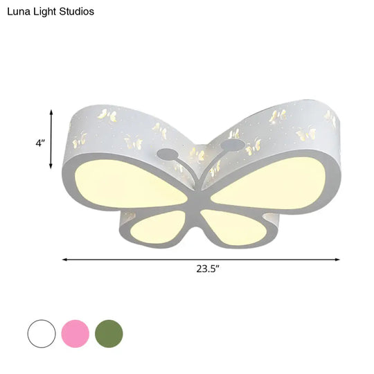 Kids Led Flushmount Ceiling Lamp - Metal Butterfly Flush Mount Lighting Fixture In Pink/White/Green