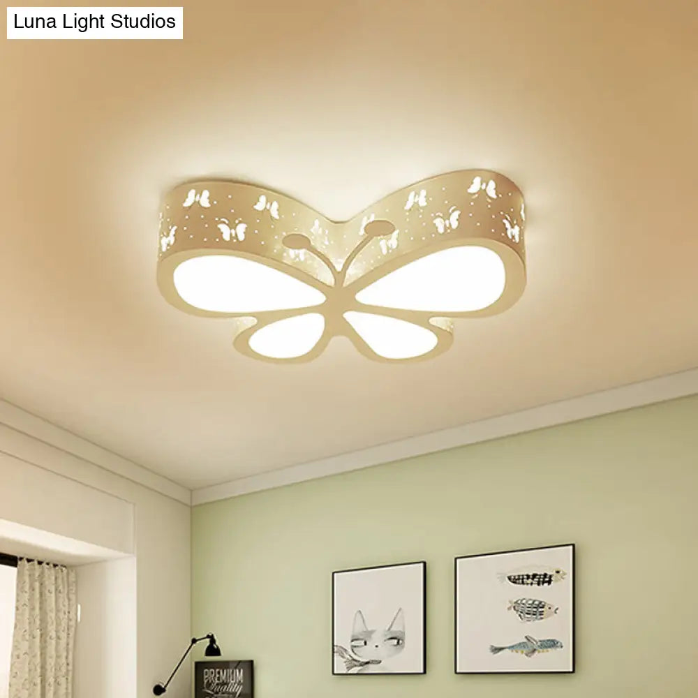 Kids Led Flushmount Ceiling Lamp - Metal Butterfly Flush Mount Lighting Fixture In Pink/White/Green