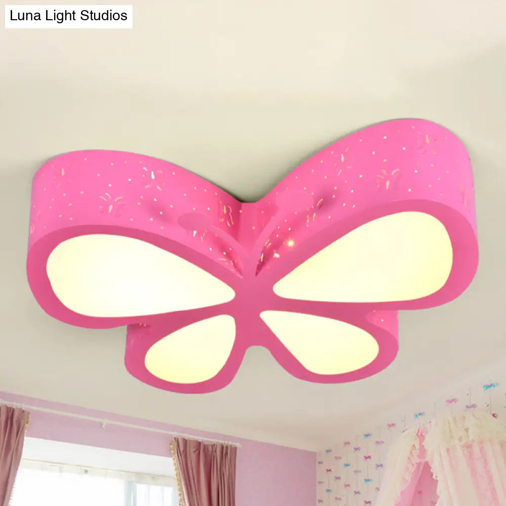 Kids Led Flushmount Ceiling Lamp - Metal Butterfly Flush Mount Lighting Fixture In Pink/White/Green