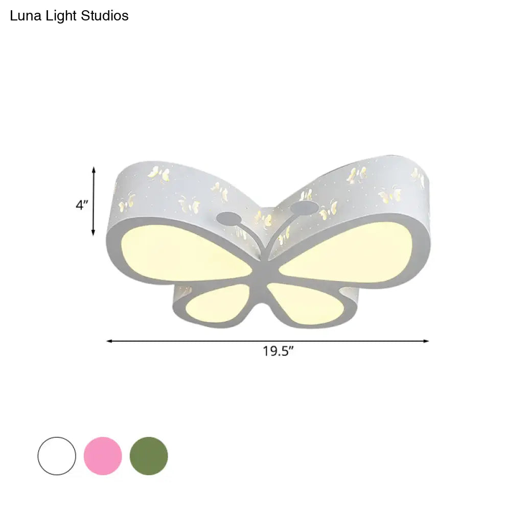 Kids Led Flushmount Ceiling Lamp - Metal Butterfly Flush Mount Lighting Fixture In Pink/White/Green