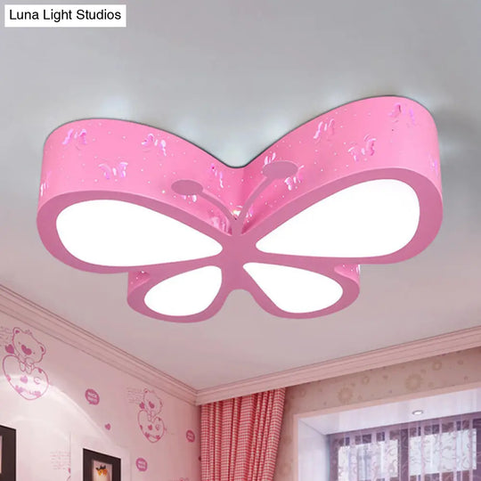 Kids Led Flushmount Ceiling Lamp - Metal Butterfly Flush Mount Lighting Fixture In Pink/White/Green