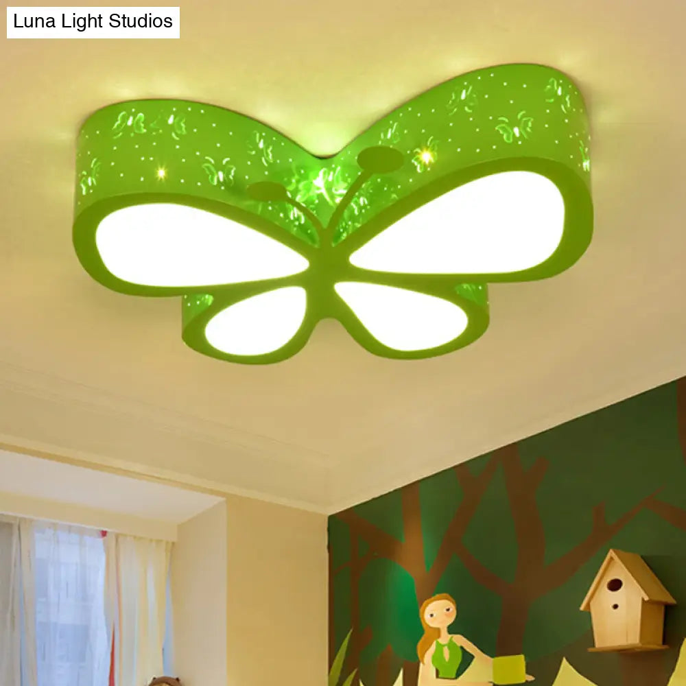 Kids Led Flushmount Ceiling Lamp - Metal Butterfly Flush Mount Lighting Fixture In Pink/White/Green