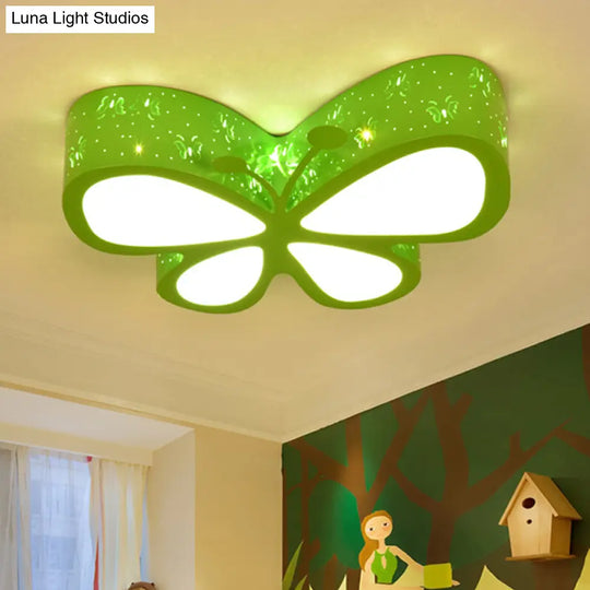 Kids Led Flushmount Ceiling Lamp - Metal Butterfly Flush Mount Lighting Fixture In Pink/White/Green