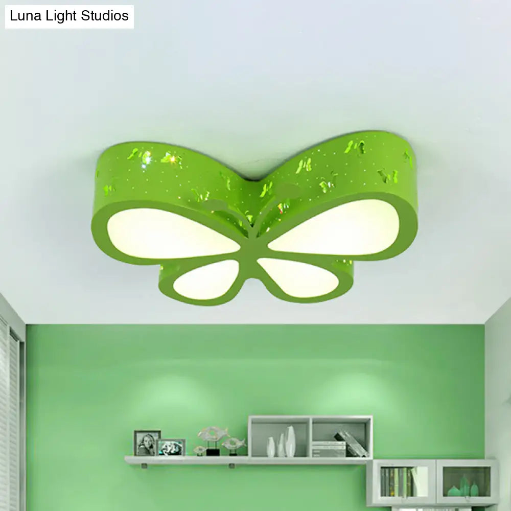 Kids Led Flushmount Ceiling Lamp - Metal Butterfly Flush Mount Lighting Fixture In Pink/White/Green