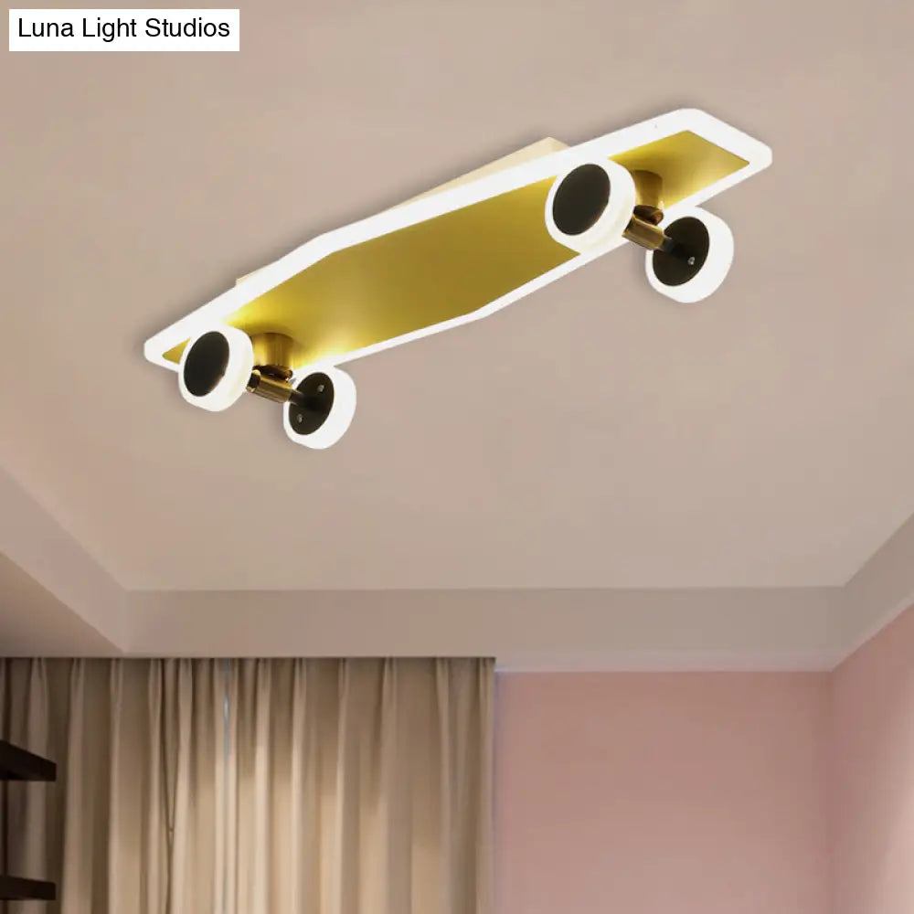 Kid’s Led Gold Skateboard Ceiling Light For Boys Bedroom - Acrylic Flush Mount Fixture