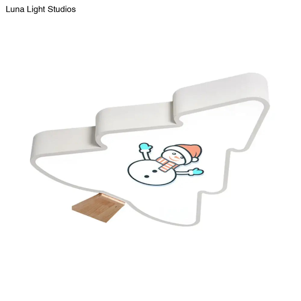 Kids Led Green/Gray Tree Flush Mount Light: Acrylic Ceiling Fixture With Snowman Pattern