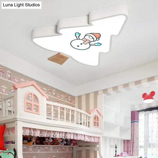 Kids Led Green/Gray Tree Flush Mount Light: Acrylic Ceiling Fixture With Snowman Pattern