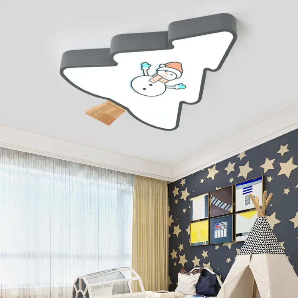 Kids Led Green/Gray Tree Flush Mount Light: Acrylic Ceiling Fixture With Snowman Pattern Grey