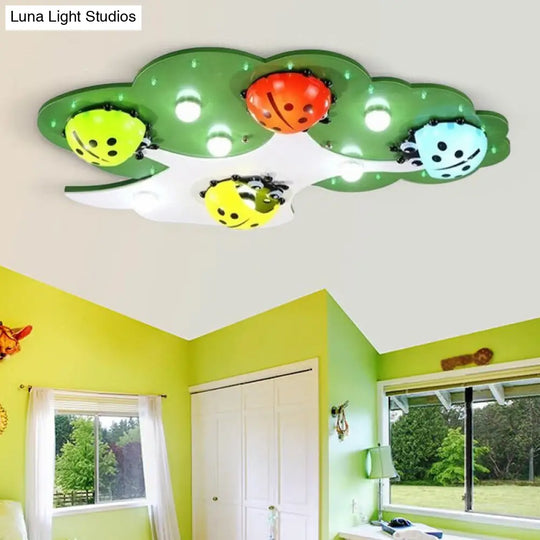 Kids Led Ladybug Ceiling Light In Pink/Green With Acrylic Shade Green