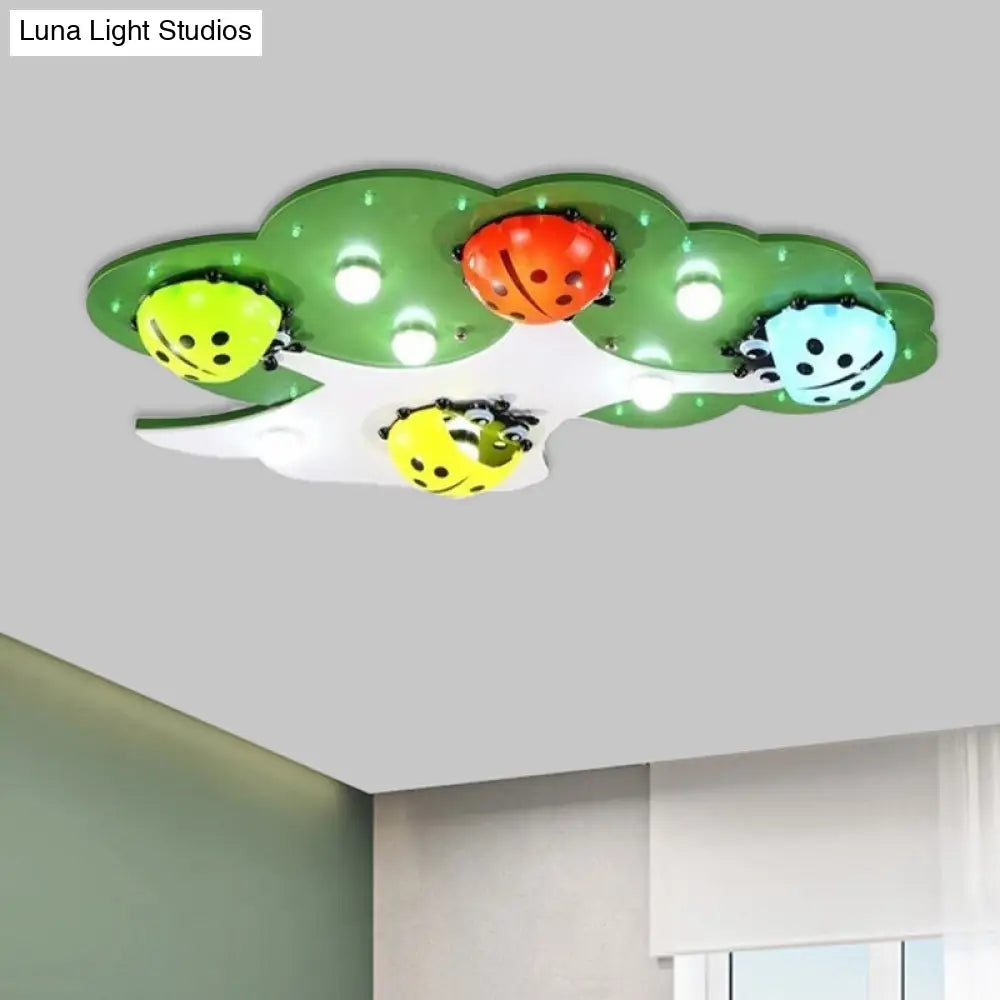 Kids Led Ladybug Ceiling Light In Pink/Green With Acrylic Shade