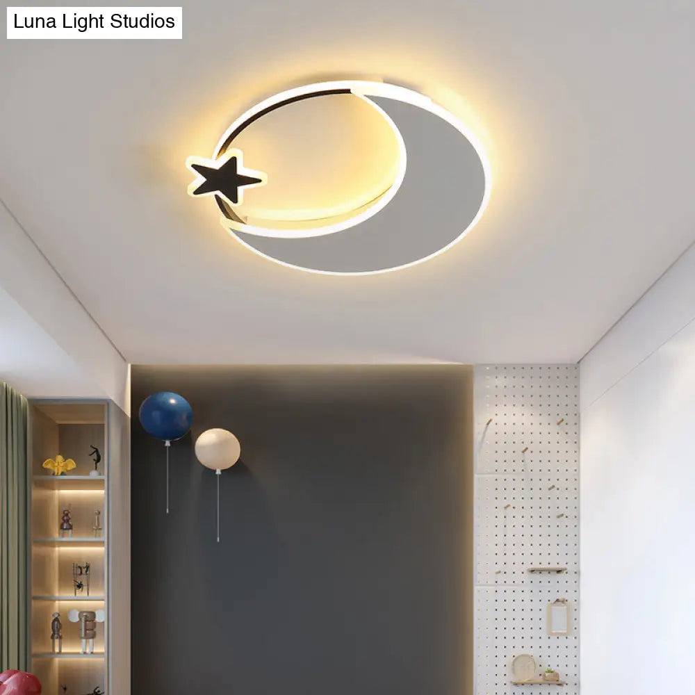 Kids Led Moon And Star Ceiling Light Fixture - Acrylic Black-White Flush Mount For Bedroom