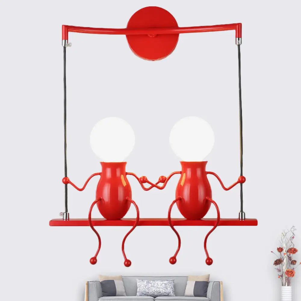 Kids Metal Sconce Light: Black/White/Red Little People 2 Lights Wall Fixture For Living Room Red