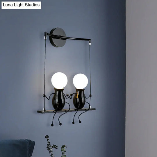 Kids Metal Sconce Light: Black/White/Red Little People 2 Lights Wall Fixture For Living Room