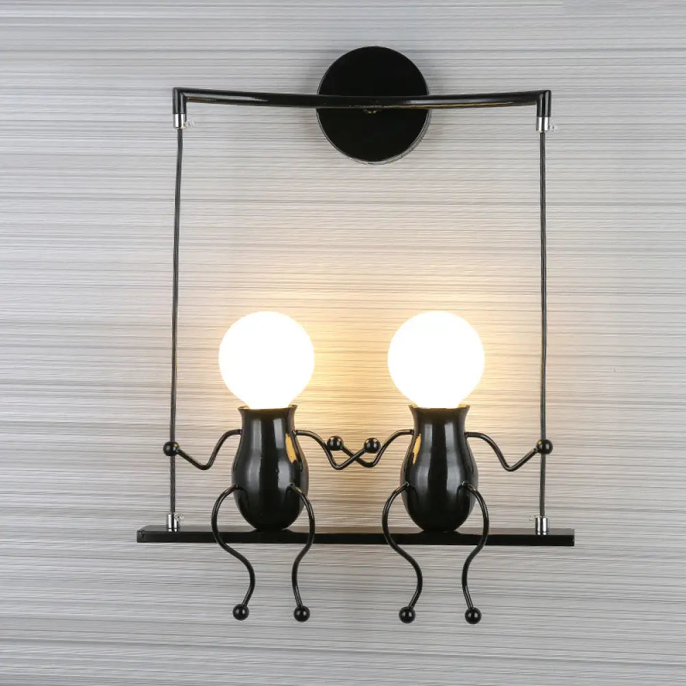 Kids Metal Sconce Light: Black/White/Red Little People 2 Lights Wall Fixture For Living Room Black