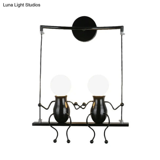 Kids Metal Sconce Light: Black/White/Red Little People 2 Lights Wall Fixture For Living Room