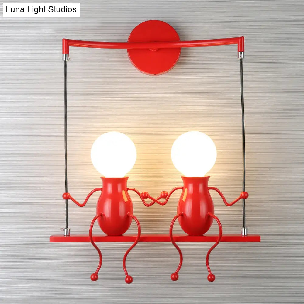 Kids Metal Sconce Light: Black/White/Red Little People 2 Lights Wall Fixture For Living Room