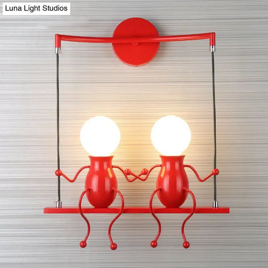 Kids Metal Sconce Light: Black/White/Red Little People 2 Lights Wall Fixture For Living Room